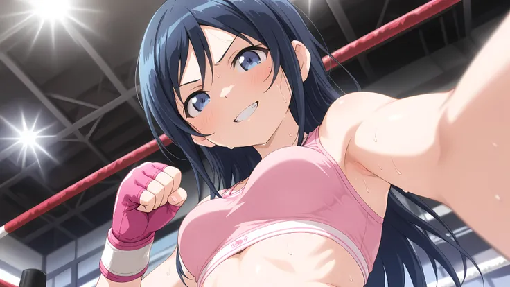 aragaki ayase, medium breast, solo, (pink and white sports bra, pink and white boy-leg cut sports underwear, pink and white fingerless gloves), serious grin, well-toned body, sweaty, looking at viewer, (Detailed eyes, Detailed face), victor, upper body sho...