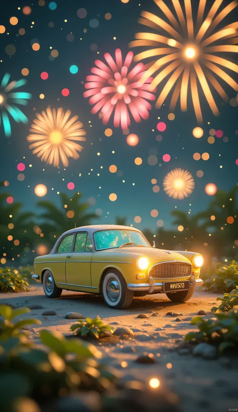 high quality realistic 3d rendering,precise texture,Sparkling night view,Deep Colors,sophisticated composition,Charming Atmosphere,fine detail,Exquisite Bokeh ,Masterpiece,car,Lots of fireworks