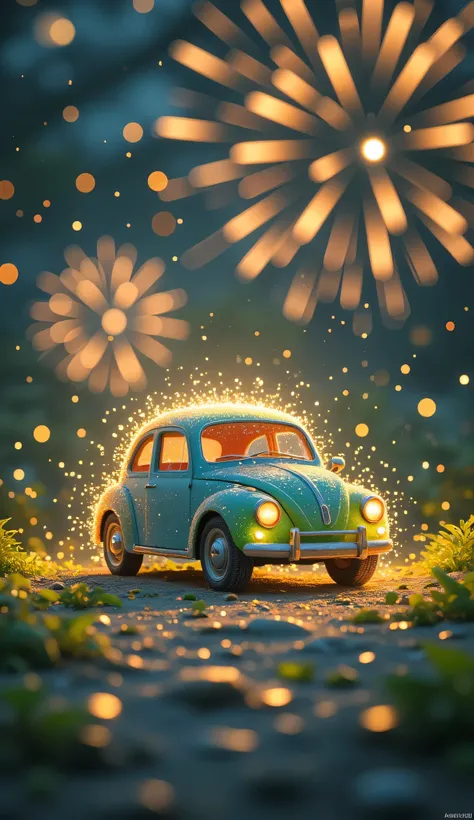 high quality realistic 3d rendering,precise texture,Sparkling night view,Deep Colors,sophisticated composition,Charming Atmosphere,fine detail,Exquisite Bokeh ,Masterpiece,car,Lots of fireworks