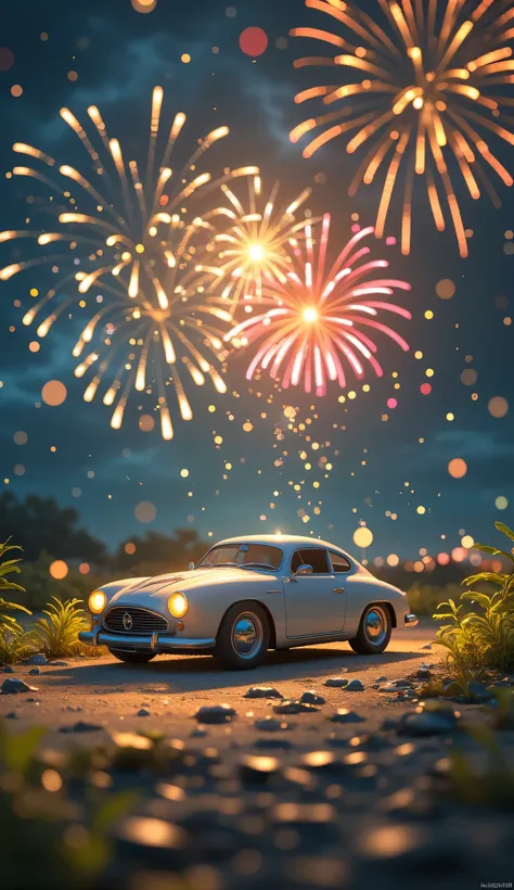 high quality realistic 3d rendering,precise texture,Sparkling night view,Deep Colors,sophisticated composition,Charming Atmosphere,fine detail,Exquisite Bokeh ,Masterpiece,car,Lots of fireworks