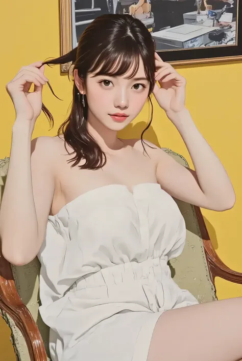 realistic, a A photogenic illustration of, A photogenic illustration of. she says curls frizzy brown hair and comfortably wraps around the body , wearing a loose tunic minidress. she says 、 slender, small, Flat-breasted. She says linen material, in com...