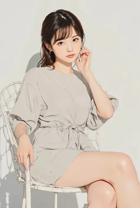 realistic, a A photogenic illustration of, A photogenic illustration of. she says curls frizzy brown hair and comfortably wraps around the body , wearing a loose tunic minidress. she says 、 slender, small, Flat-breasted. She says linen material, in com...