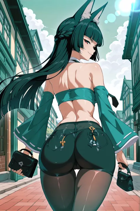 Theobrobine,solo, masterpiece, best quality, good quality, miyabi. hoshimi miyabi, hoshimi miyabi from zenless zone zero, smirk, asswave, looking back, walking, thighs, gluteal fold, narrow waist, twisted torso, bokeh blur, miyabizzz, black hair, red ey...