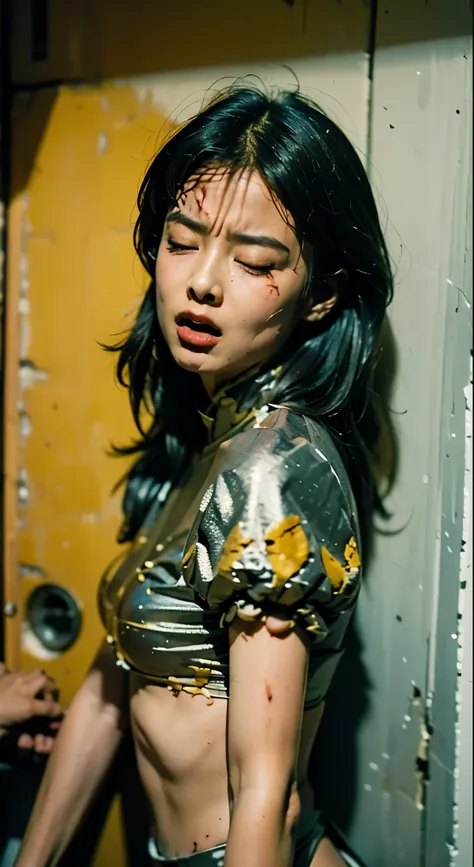 Lost in a battle with a strong enemy, ryona, closed eyes, expression of agony, I lost consciousness while leaning against a wall(The back is perfectly attached to the wall), KO, it's limp, Feeling Defeated, tragic tone, bleeding, bleeding from mouth, hyper...