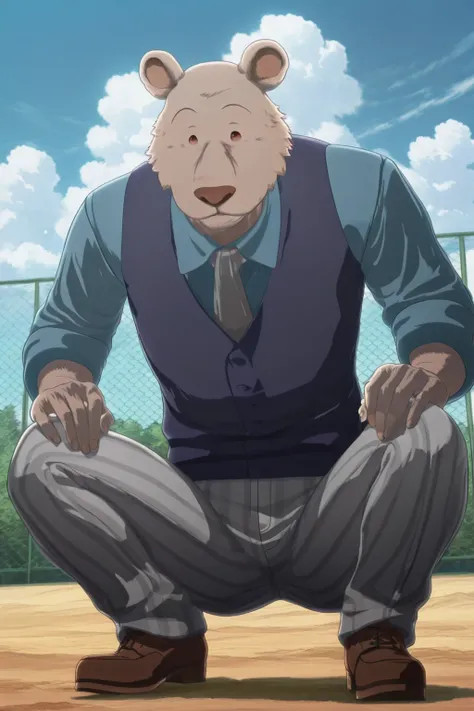 absurd result, best quality, alta calidad, detailed,  , wide shoulders, Mature man, small brown eyes, athletic build, musculvery hombre,  round bear ears, very, polished, Grey body, gray school pants with stripes ,Blue vest, long sleeve white shirt,  gray ...