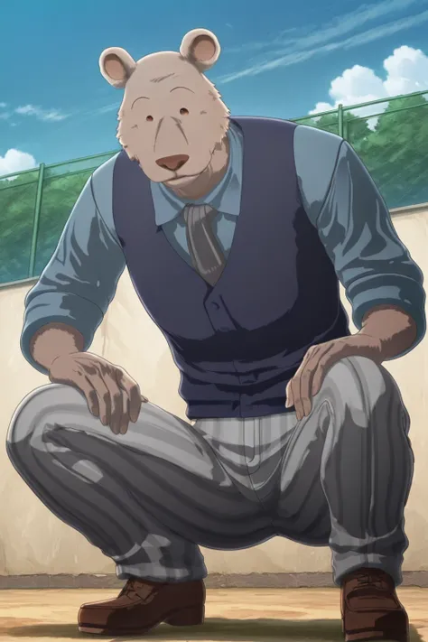 absurd result, best quality, alta calidad, detailed,  , wide shoulders, Mature man, small brown eyes, athletic build, musculvery hombre,  round bear ears, very, polished, Grey body, gray school pants with stripes ,Blue vest, long sleeve white shirt, gray t...