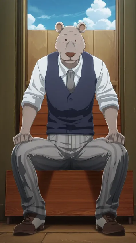 absurd result, best quality, alta calidad, detailed,  , wide shoulders, Mature man, ojos negros, athletic build,  round bear ears, very, polished, Grey body, gray school pants with thick black stripes ,Navy blue vest, long sleeve white shirt, gray tie, sit...