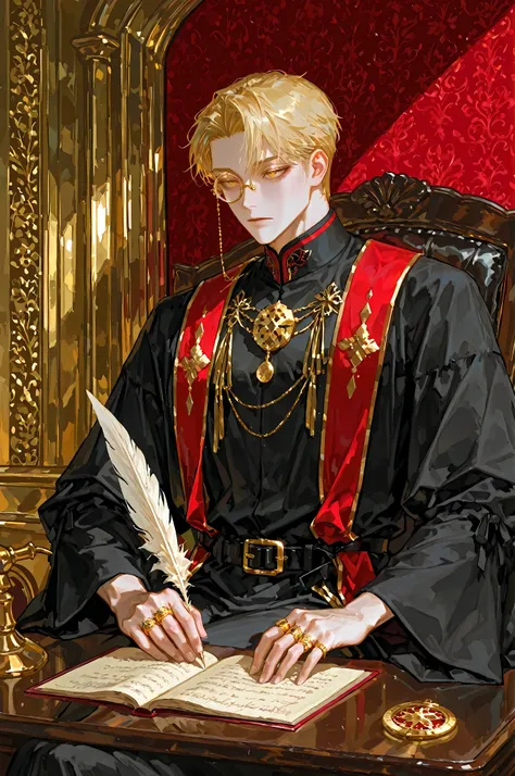 8k, beautiful masterpiece, merchant, looking ahead, alone, pale skin, Perfect Eyes shape, Athletic Build, ((He wears a Renaissance-styled: long black robe with very wide sleeves, black with red and golden accents elegant noble clothing, black belt with gol...