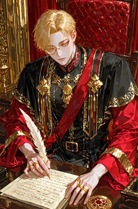 8k, beautiful masterpiece, merchant, looking ahead, alone, pale skin, Perfect Eyes shape, Athletic Build, ((He wears a Renaissance-styled: long robe with very wide sleeves, black with red and golden accents elegant noble clothing, black belt with golden bu...