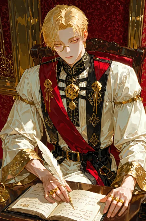 8k, beautiful masterpiece, merchant, looking ahead, alone, pale skin, Perfect Eyes shape, Athletic Build, ((He wears a Renaissance-styled: long robe with very wide sleeves, black with red and golden accents elegant noble clothing, black belt with golden bu...