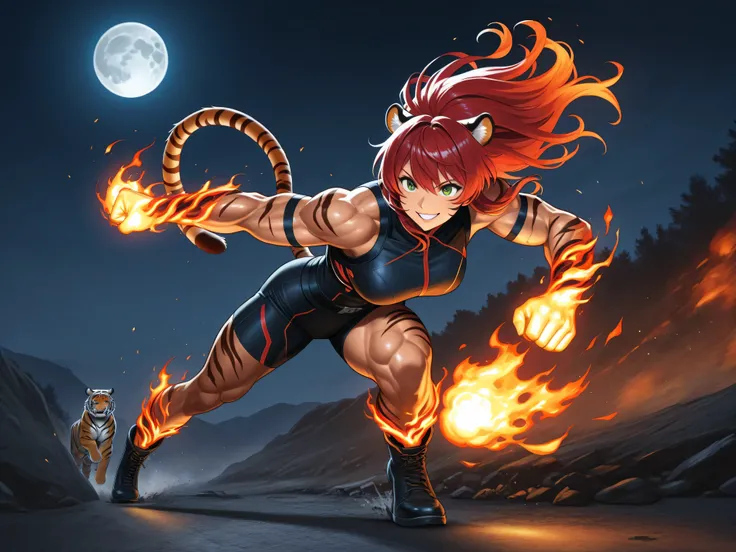 High Quality,realな4K,digital illustration,Tiger,Personalization,womanhood,Red hair,Smile,During combat,dynamic,real,Precise,natural expression,muscular,intense movement,flame effect,Full Moon Night,Mysterious Atmosphere,in the dark,professional finish
