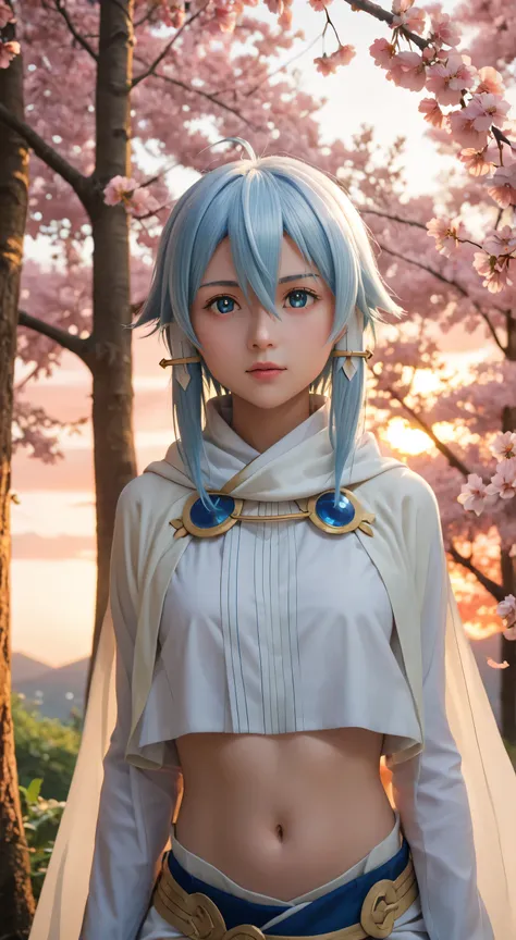 1girl, solo,asada shino,blue eyes,blue hair,hair between eyes, short,outdoors,potrait,small breast,nature,sitting under cherry blossom tree,wear white cloak,sidelocks,(sunset lighting:1.5),red sunset,looking at viewer, front view,close up, navel,white scar...