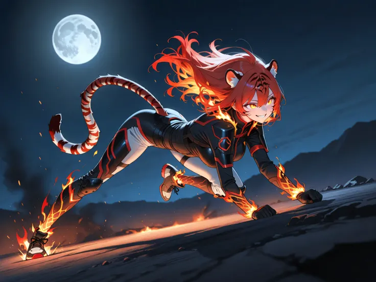 High Quality,realな4K,digital illustration,Tiger,Personalization,womanhood,Red hair,Smile,During combat,dynamic,real,Precise,natural expression,intense movement,flame effect,Full Moon Night,Mysterious Atmosphere,in the dark,professional finish
