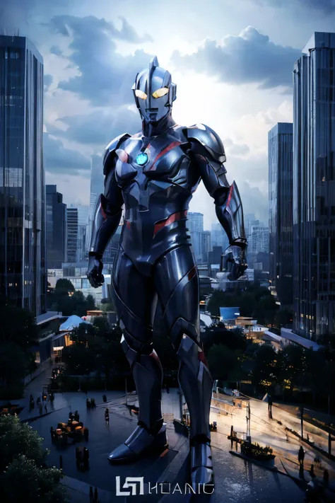 Ultraman, gigantic, futuristic Ultraman warrior, sleek cybernetic armor design, crystalline core in chest, metallic silver, red and neon blue color scheme, a pattern (red, blue and black) on the suit, dynamic wrestling pose, muscular humanoid form (Slim at...