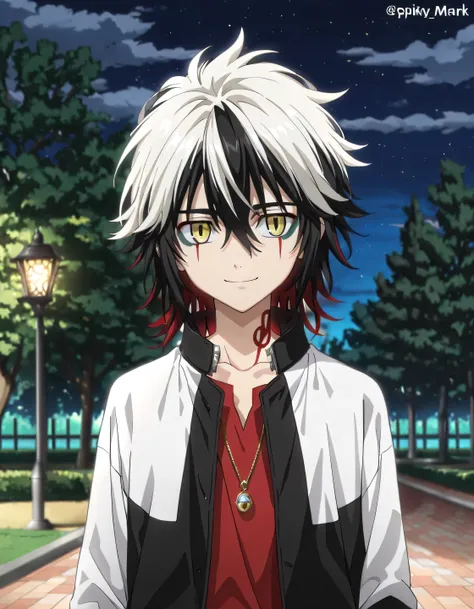 masterpiece, best quality, 1 man, solo, child, (he is Ulquiorra Cifer and Kazutora Hanemiya), ((half white and half black hair, yellow eyes, short hair, spiky hair, multicolored hair, two-tone hair, )), red shirt, black short-sleeved jacket, detailed backg...