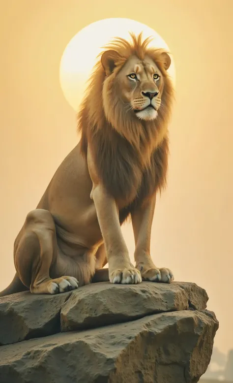 a proud lion resting on a rock under golden sunlight, soft wind through the mane, painterly look,