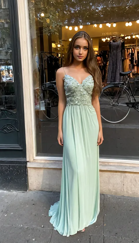 Beautiful 25 year old girl, a beautiful evening dress, beautiful eyes, stands near the dress shop window