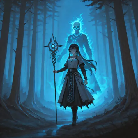 a figure dressed in intricate ritualistic costumes, exuding an aura of mystique and dark elegance. The character is wrapped in layers of ragged white fabric adorned with red geometric patterns, creating a striking contrast with the long black hair that cas...