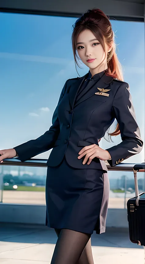 (masterpiece), Highest Quality, Highest Quality,  Detailed and complex, original,high resolution,(16 years old),very detailed_eye, sexy,chest,(Eyeliner:0.5),(blush:0.5),  redhead,simple diamond earrings,Fine skin,  ponytail, Viewer, Smile, nail, ((Flight A...