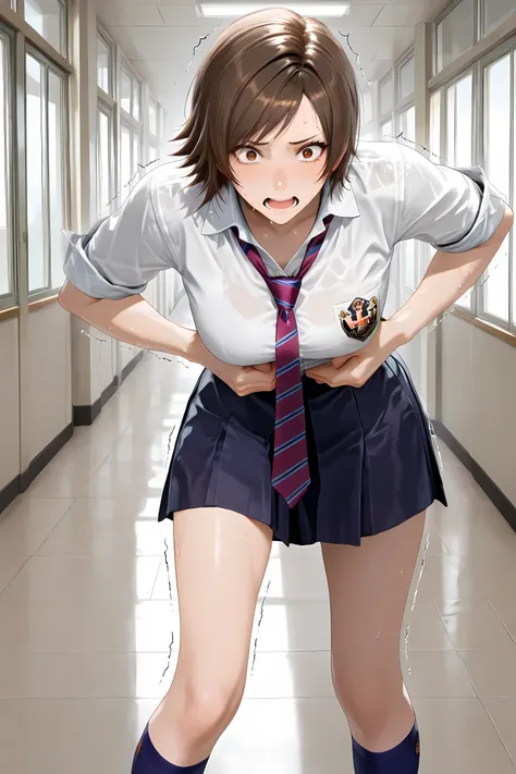 kazama asuka, brown hair, short hair, brown eyes, school uniform, white shirt, collared shirt, navy skirt, short skirt, short sleeves, sleeves rolled up, red necktie, striped necktie, untucked shirt,blue kneehighs, black loafers,1girl, hand on own stomach,...