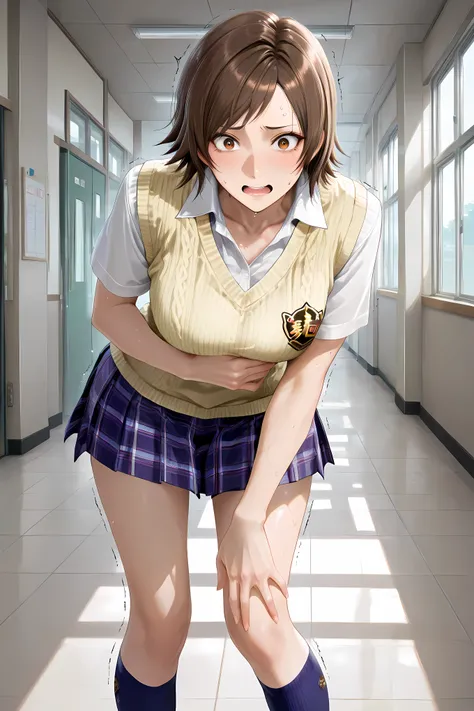 kazama asuka, brown hair, short hair, brown eyes, school uniform, short sleeves, yellow sweater vest, white shirt, collared shirt, collarbone, blue skirt, plaid skirt, pleated skirt, blue kneehighs, black loafers,1girl, hand on own stomach, sweat, leaning...