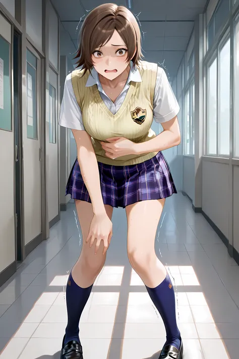 kazama asuka, brown hair, short hair, brown eyes, school uniform, short sleeves, yellow sweater vest, white shirt, collared shirt, collarbone, blue skirt, plaid skirt, pleated skirt, blue kneehighs, black loafers,1girl, hand on own stomach, sweat,  leaning...