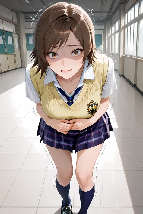 kazama asuka, brown hair, short hair, brown eyes, school uniform, short sleeves, yellow sweater vest, white shirt, collared shirt, collarbone, blue skirt, plaid skirt, pleated skirt, blue kneehighs, black loafers,1girl, hand on own stomach, sweat, leaning...