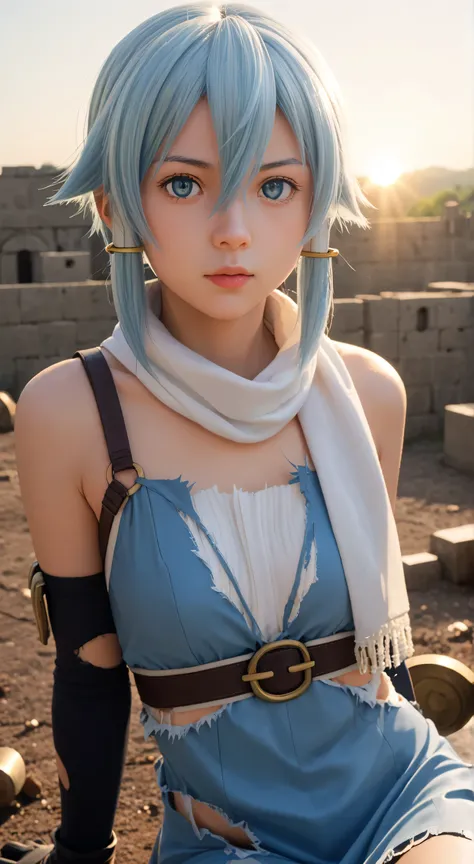 1girl, solo,asada shino,blue eyes,blue hair,hair between eyes, short,outdoors,potrait,small breast,nature,sitting under ruins,sidelocks,(sunset lighting:1.5),red sunset,looking at viewer, front view,close up,white scarf, arm warmers,black glove,(battlefiel...