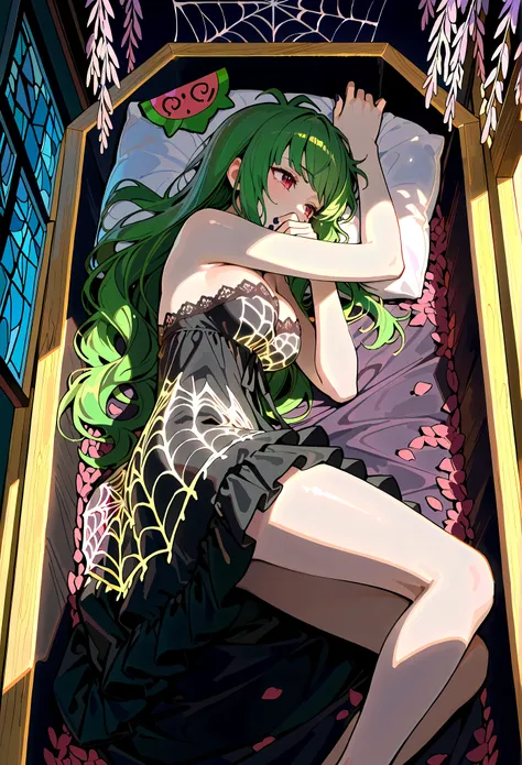 (masterpiece:1.2, Best Quality), (finely detailed beautiful eye: 1.2), (beautiful detailed face, good_hands),  Vannamelon, close up, portrait, sitting up, dark green hair, red eyes, tired, laying down, from above, in coffin, open coffin, head on pillow, da...