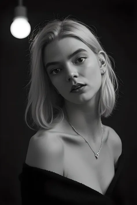 A black-and-white photograph captures a girl with wavy shoulder-length white hair cascading elegantly over shoulder. The lighting is soft and atmospheric, casting gentle highlights on the hair and skin, enhancing the image's dramatic and intimate quality. ...