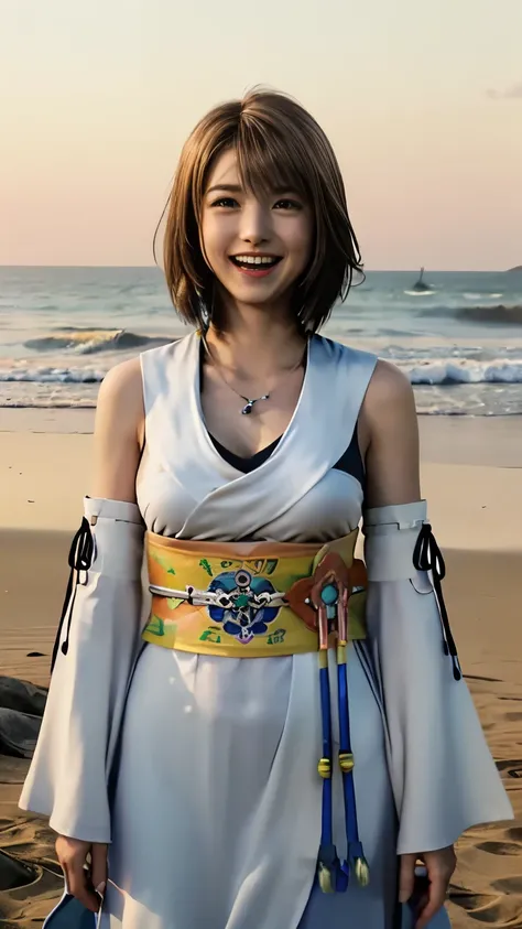((( black ultra high leg suit))) Very Beautiful Girl with 8 Heads Leaning Her Head and Smiling Innocent at the Edge of a Wave on a White Tropical Beach,Alone, gem, detachable sleeve , necklace, blue beaded earrings,Pleated hakama  ,Yuna FFX,   Ultra High D...