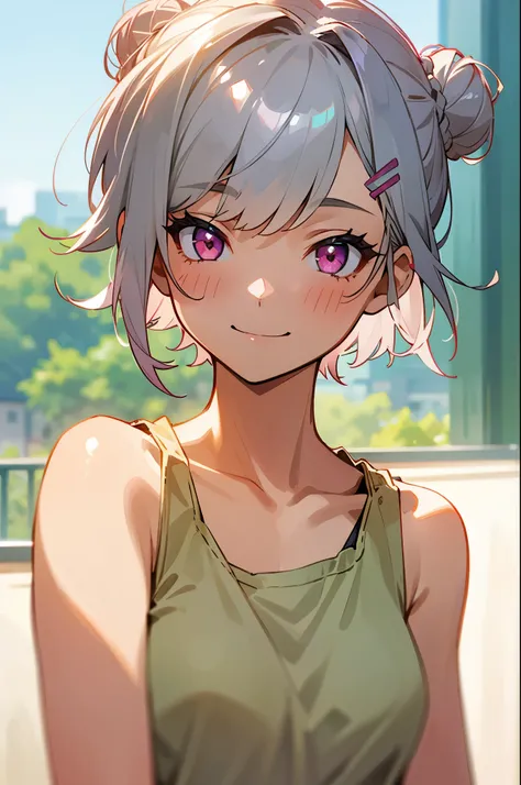 １girl、Short silver bob hair tied in a bun with a hair clip, Pink Eyes、smile、really like、Khaki tank top、Upper body close-up、Morning Cafe Terrace、Background blur, Written boundary depth