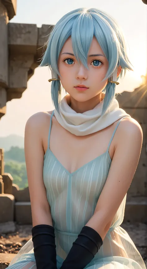 1girl, solo,asada shino,blue eyes,blue hair,hair between eyes, short,outdoors,potrait,small breast,nature,sitting under ruins,sidelocks,(sunset lighting:1.5),red sunset,looking at viewer, front view,close up,white scarf, arm warmers,black glove,(battlefiel...