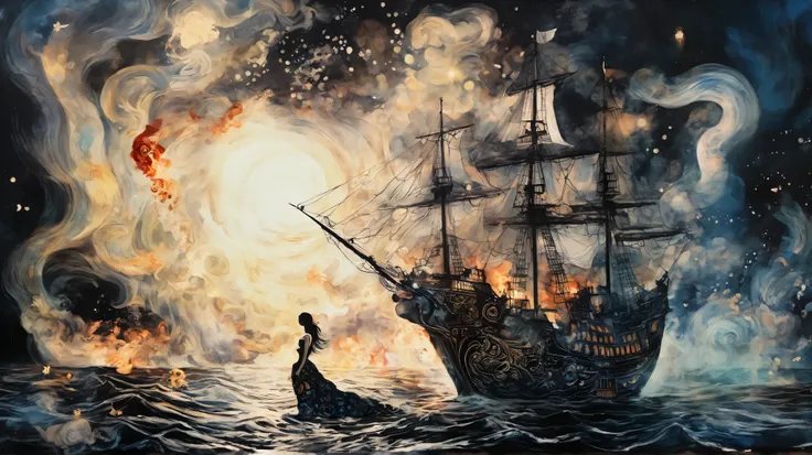mermaid, sea, pirate ship, fire, smoke, skulls, surreal fantasy, Starlit, dreamy mood, fine brushstrokes, Mahiro Maeda´s whimsical painting depicting, dramatic light, high contrast with patterns.