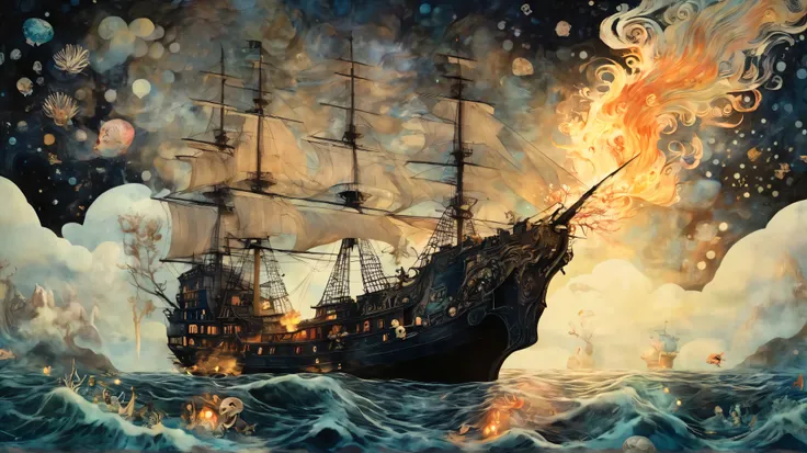 mermaid, sea, pirate ship, fire, smoke, skulls, surreal fantasy, Starlit, dreamy mood, fine brushstrokes, Mahiro Maeda´s whimsical painting depicting, dramatic light, high contrast with patterns.