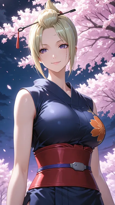 1girl, blonde hair, folded ponytail, blonde hair, hair ornament, hair stick, hair up, hairpin, purple eyes, scar on cheek, short hair, tsukuyo,, smooth hair. There is a dramatic light effect, outdoor, night mist, sakura tree background, mini kimono. 8k , i...