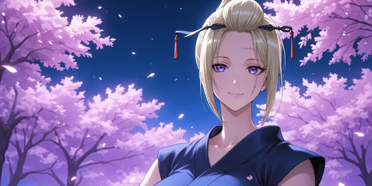 1girl, blonde hair, folded ponytail, blonde hair, hair ornament, hair stick, hair up, hairpin, purple eyes, scar on cheek, short hair, tsukuyo,, smooth hair. There is a dramatic light effect, outdoor, night mist, sakura tree background, mini kimono. 8k , i...