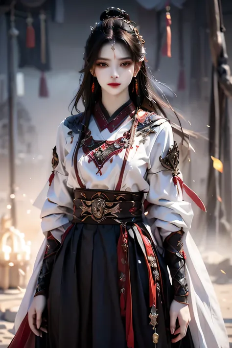 best quality, masterpiece, highres, official art, extremely detailed cg unity 8k wallpaper, jiapliqiao, 1girl, long hair, 1girl, jewelry, solo, hair ornament, makeup, realistic, ((white dress)), ((devilish smile))