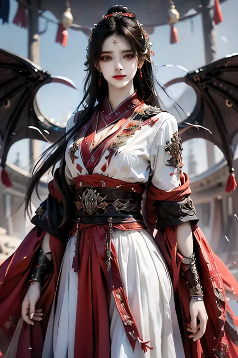 best quality, masterpiece, highres, official art, extremely detailed cg unity 8k wallpaper, jiapliqiao, 1girl, long hair, 1girl, jewelry, solo, hair ornament, makeup, realistic, ((white dress)), ((devilish smile))