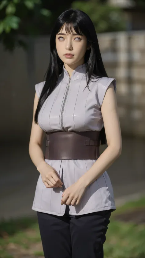 Realistic ultra-detailed portrait of Hyuga Hinata from Naruto The Last: Naruto the Movie, imagined as if she exists in real life. A beautiful young Japanese woman with pale lavender Byakugan eyes that glow softly, smooth porcelain skin, and long silky dark...