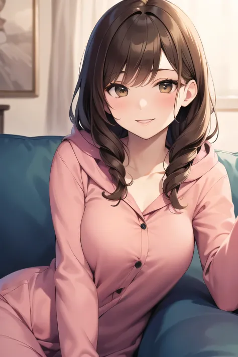 can you draw a very relaxed smiling woman，brown hair，Woman with wavy hair，can you draw a woman in hooded animal pajamas,I'IはIの部屋のベッドに座っています,Please draw a more delicate expression,Cute smiling woman's hands and feet、The expression of an attractive 20-ye...