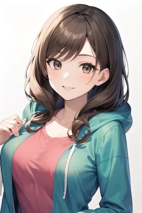 can you draw a very relaxed smiling woman，brown hair，Woman with wavy hair，can you draw a woman in hooded animal pajamas,I'IはIの部屋のベッドに座っています,Please draw a more delicate expression,Cute smiling woman's hands and feet、The expression of an attractive 20-ye...