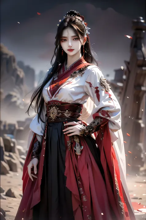 best quality, masterpiece, highres, official art, extremely detailed cg unity 8k wallpaper, jiapliqiao, 1girl, long hair, 1girl, jewelry, solo, hair ornament, makeup, realistic, ((white dress)), ((devilish smile)), one hand on the hip