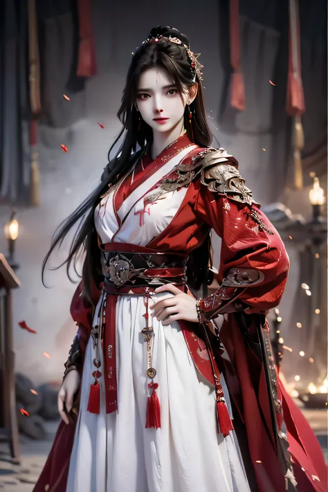 best quality, masterpiece, highres, official art, extremely detailed cg unity 8k wallpaper, perfect face, perfect hands, jiapliqiao, 1girl, long hair, 1girl, jewelry, solo, hair ornament, makeup, realistic, ((white dress)), ((devilish smile)), one hand on ...