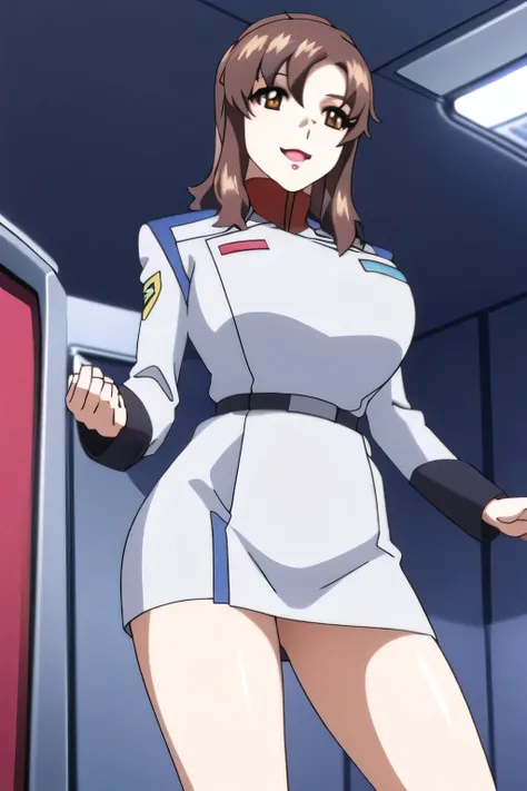 above the head touched by the caregiver,Can you draw a woman with a yellow ponytail,表情がTop Prioritiesです, can you draw the,woman in a proper uniform,Tight skirt, wear brown stockings ,is standing at the teacher's house,salute,、顔の表情がTop Prioritiesであるため、顔を...