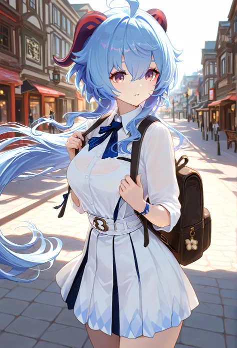 1 girl, From_Ganyu\( Genshin\),Pure white JK costume,White,Lace,go to school, outdoor,Street, Highly detailed, High Contrast, ray tracing, best lighting , cinematic composition, Pretty faces ,best quality, Very beautiful, ultra high resolution, detailed ...