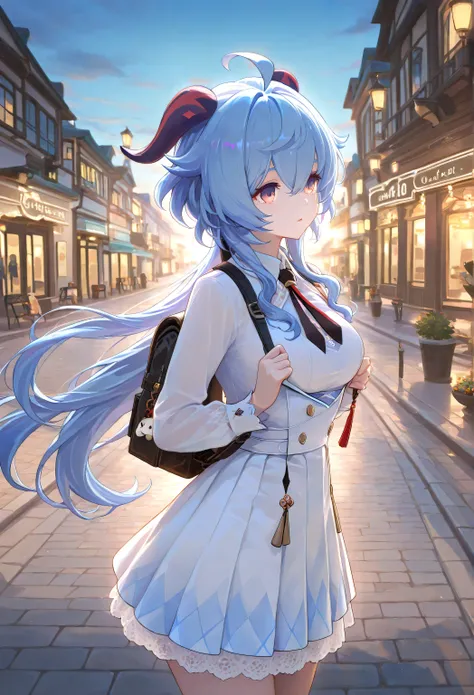 1 girl, From_Ganyu\( Genshin\),Pure white JK costume,White,Lace,go to school, outdoor,Street, Highly detailed, High Contrast, ray tracing, best lighting , cinematic composition, Pretty faces ,best quality, Very beautiful, ultra high resolution, detailed ...