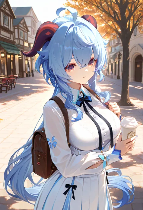 1 girl, From_Ganyu\( Genshin\),Pure white JK costume,White,Lace,go to school, outdoor,Street, Highly detailed, High Contrast, ray tracing, best lighting , cinematic composition, Pretty faces ,best quality, Very beautiful, ultra high resolution, detailed ...