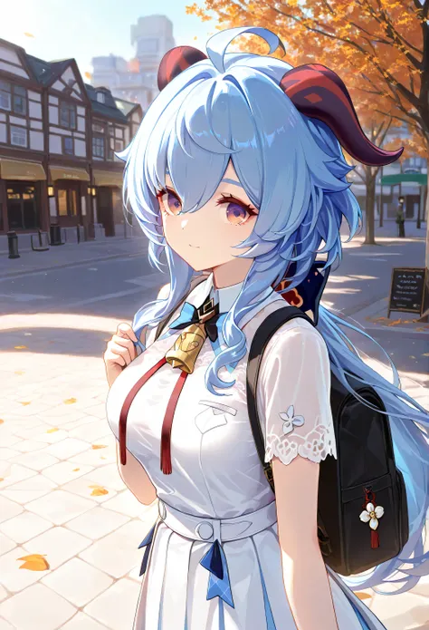 1 girl, From_Ganyu\( Genshin\),Pure white JK costume,White,Lace,go to school, outdoor,Street, Highly detailed, High Contrast, ray tracing, best lighting , cinematic composition, Pretty faces ,best quality, Very beautiful, ultra high resolution, detailed ...