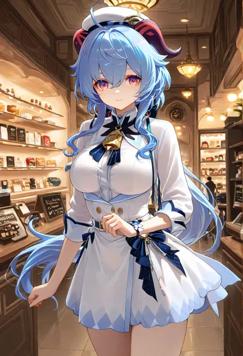 1 girl, From_Ganyu\( Genshin\),pure white JK costume,White,Lace,wearing a flight attendant beret,shop, Highly detailed, High Contrast, ray tracing, best lighting , cinematic composition, Pretty faces ,best quality, Very beautiful, ultra high resolution, ...